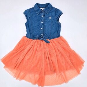 Guess Kids Girls Denim Top Tulle Skirt Dress Coral Sparkle Size 6